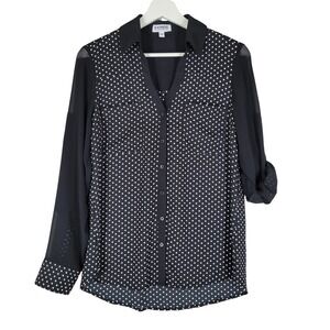 Express Portofino Shirt Womens Small Black Polka Dot Sheer Roll Tab Sleeve Offic